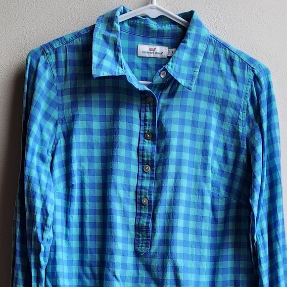 Vineyard Vines Blue Checked Half-Button Down Blouse Size 2 - Picture 4 of 12